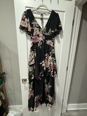 Lulu's Black Maxi Dress with Pink & Green Floral Print